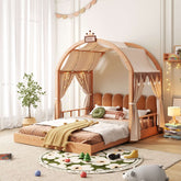 Extendable solid wood kids castle bed with canopy and upholstered headboard, converts from toddler to twin size